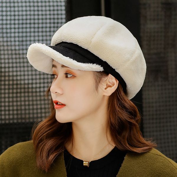 

sparsil women winter fleece beret warm thick soft octagonal cap female big brim artist painter pumpkin hat student girl, Blue;gray