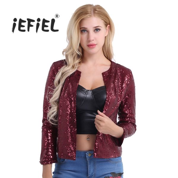

women long sleeve shiny sequins open front cardigan office work formal slim jacket coat for dance performances costumes, Black;brown