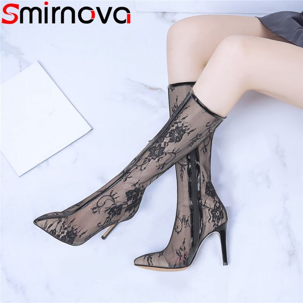 

smirnova fashion summer new shoes woman pointed toe thin heel ladies boots elegant women mid calf boots plus size, Black