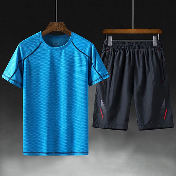 

plus size 5xl men running sport compression t shirt pants suits jogging tracksuit sets gym suits 5-9, Black;blue