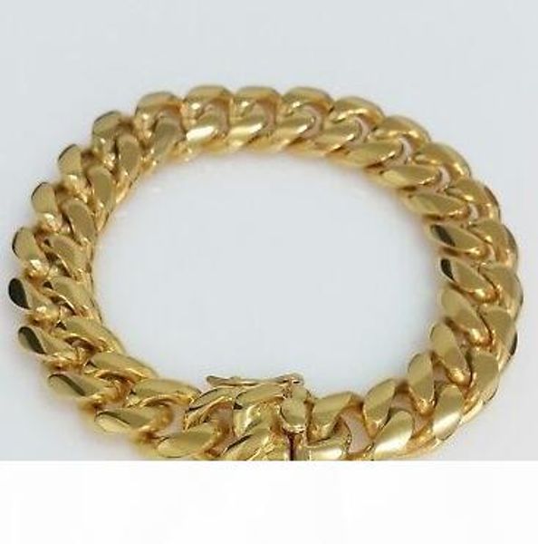 

men 18k yellow gold box clasp 12mm miami cuban link bracelet, Black