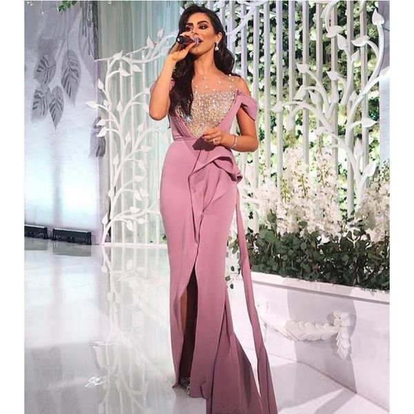 

2020 prom dresses middle east pearls beaded sheer neckline with blush pink split evening gowns with side sash train, Black;red