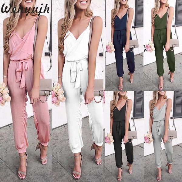 

wenyujh women's fashion summer v-neck spaghetti straps jumpsuits casual solid color loose slim fit vest and pants jumpsuits, Black;white