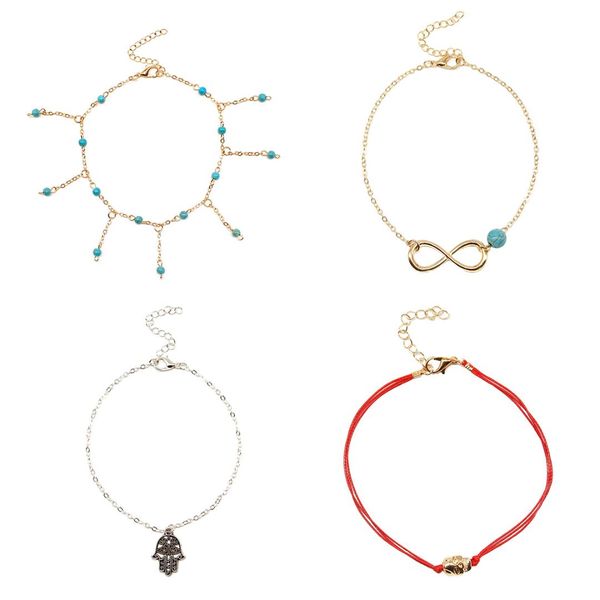 

4 pcs/ set creative new summer beach infinity anklets beads stone alloy adjustable foot chain ankle bracelets for women, Red;blue