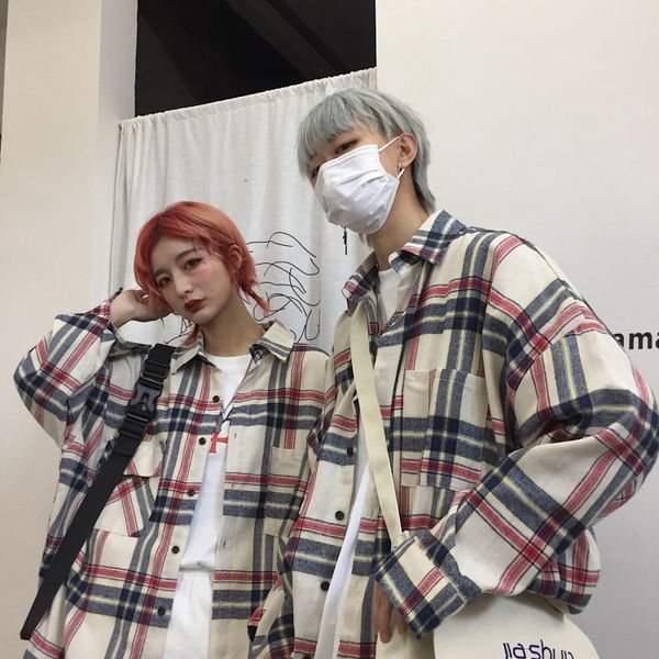 

men's casual shirts japanese hip hop retro plaid men shirt loose button white long sleeve kemeja pria jacket bb60ncs, White;black