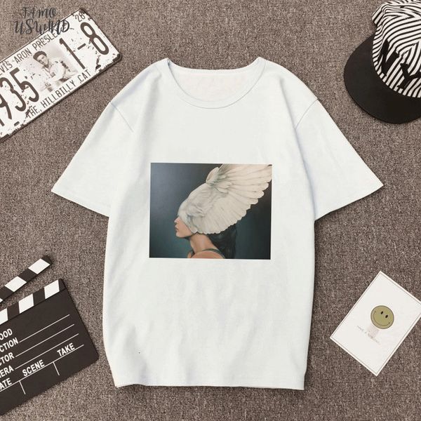 

new vintage women t shirt flowers feather funny vogue t shirt oneck cartoon print casual short sleeve harajuku tshirt women, White