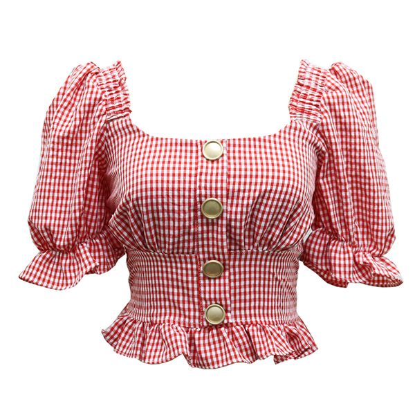 

crop women summer vintage fashion puff sleeve plaid shirts 2020 ruffles tight slim waist design ladies blouse s  l, White