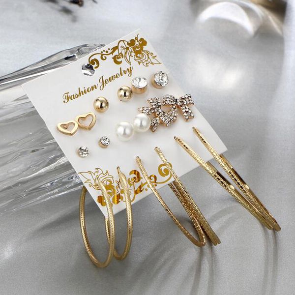 

9 pairs crystal assorted multiple hoop drop dangle long earrings studs set, Golden