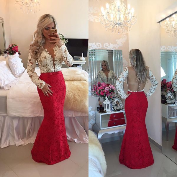 

red ivory long sleeves lace mermaid evening dresses with beadings sheer deep v-neck floor length special occasion dresses vestidos robe, Black;red