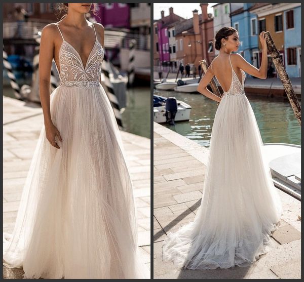 

2019 новый сексуальный gali karten a line свадебные платья спагетти кружева сплит передние свадебные платья длина пола abiti da sposa свадеб, White