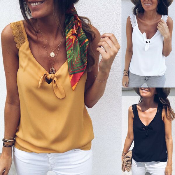 

женщины очаровательная цветочные кружева sling vest top bow knot tie рукавов танки лето дамы кружева v шеи твердые вершины femme camis тройн, White