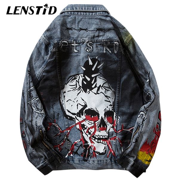 

autumn harajuku hip hop skull graffiti denim bomber jackets mens distressed streetwear vintage punk rock jeans jackets, Black;brown