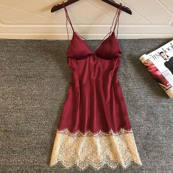 

summer satin sleepwear night dress women lace patchwork nightgown lingerie slips strap backless nightie sleep lounge, Black;red