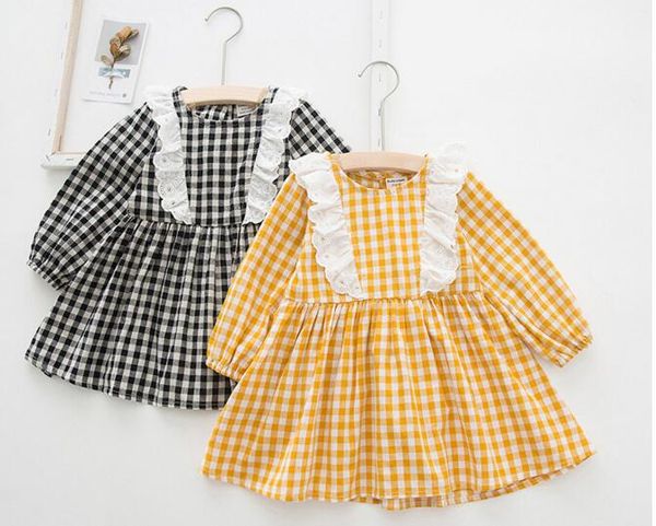 

girl kids designer clothes dress lolit style long sleeve o-neck plaid with ruffles lace design dress spring fall princess clothing dress, Red;yellow