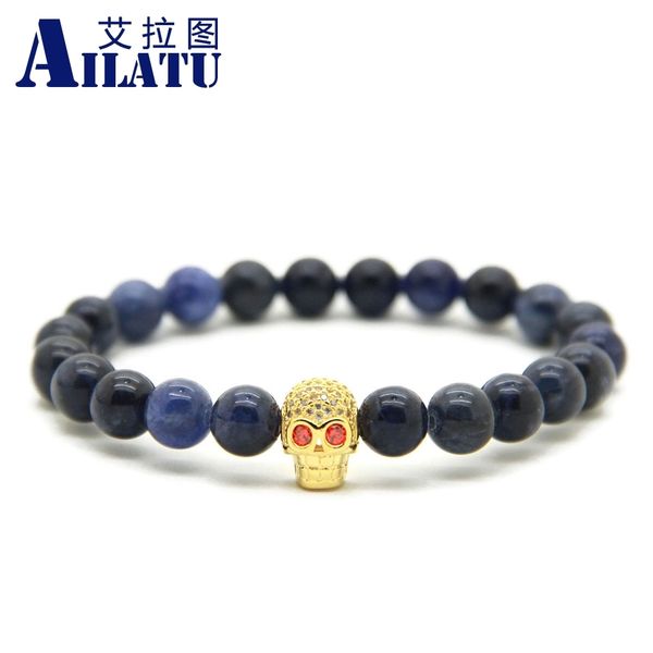 

ailatu men's beaded yoga bracelet made by 8mm natural blue veins stone beads and micro pave zircon skull, Golden;silver
