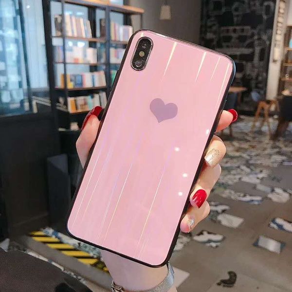 

2019 shipping glass rear for iphone 7 glasses case laser aurora tempered glass for iphone x case heart shape phone case