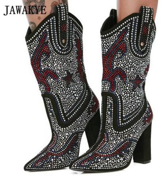 2019 Rhinestone Ankle Boots Women Pointed Toe Diamond Crystal Flower High Heel Boots Women Cowboy Boots For Women Cheap Shoes Womens Shoes From