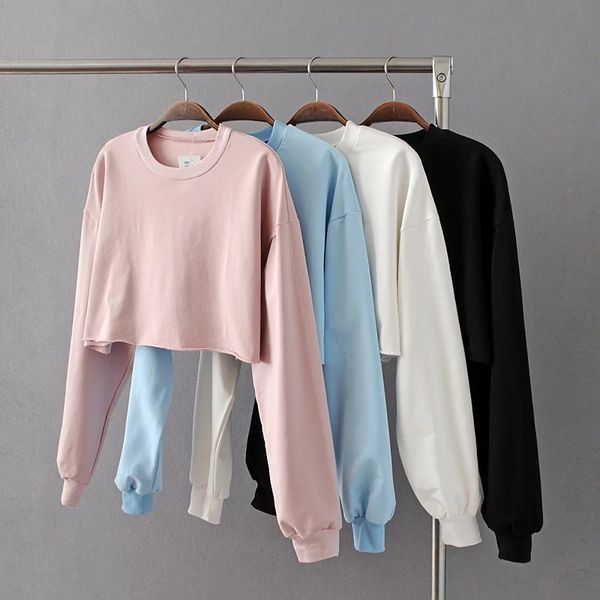 

fashion women pink loose o-neck knitted long sleeve cropped frayed hem crop sweatshirt jumpers pullovers femme, Black