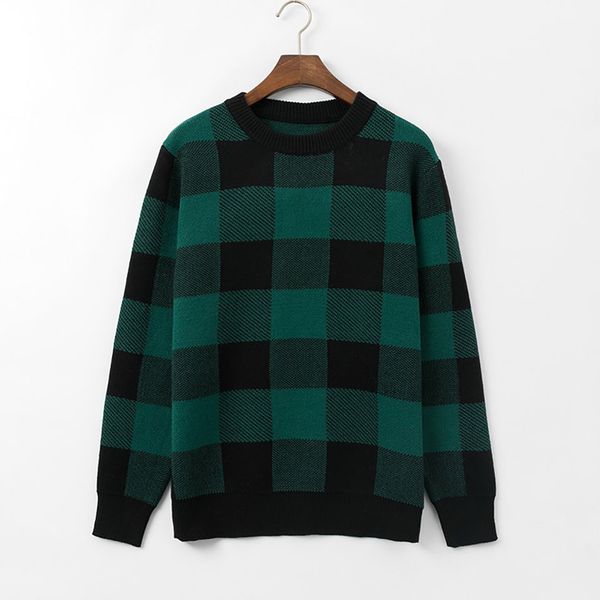 

men brand pullover europe united states tide brand fashion wild cotton shirt new classic plaid print round neck sweater, Black