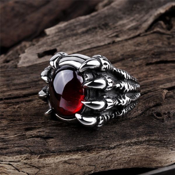 

stainless steel gothic stempunk men's ring men jewelry finger-ring vintage boho dragon claw punk black red man alloy casting, Golden;silver