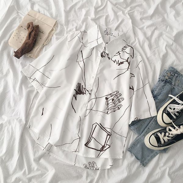 

abstract printing summer blouse women casual loose turn-down collar white shirt schoolgirl boyfriend fashion