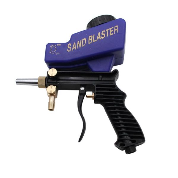 

blue black pneumatic sand blasting gun with tube, air pump driven rust removal, hand-in-hand sand blasting tool