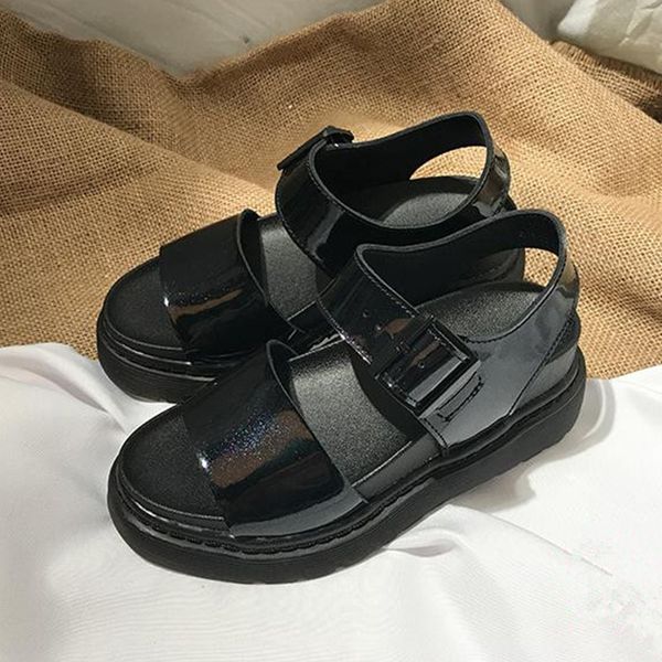 

black patent leather flat sandals 2020 new platform thick casual beach summer shoes woman ankle strap buckle sandalias feminina