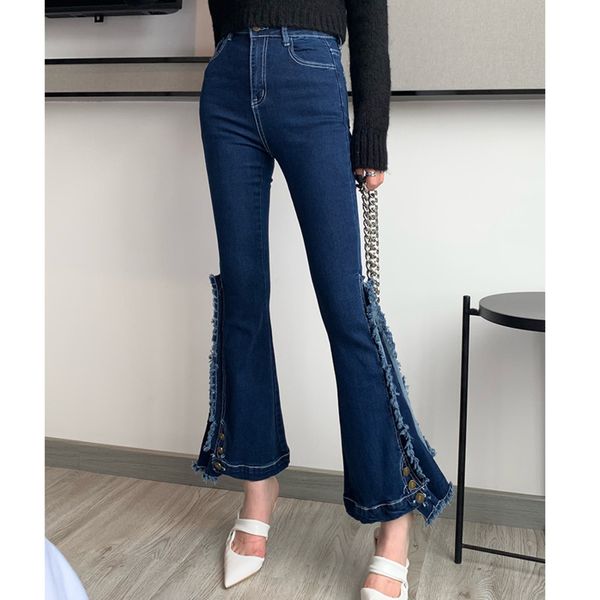 

ewq]2020 autumn new high waist blue buttons trousers with irregular seams large flared jeans flare pants denim trousers qv1164, Black;white