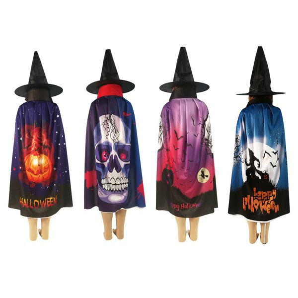 

halloween cloak new kids masquerade digital print knitted cloth vampire cape cloak skull horror with wizard hat 80cm length