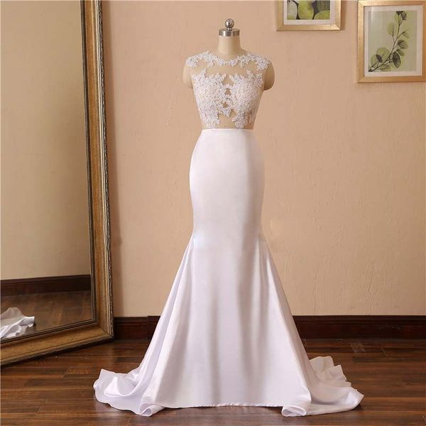 

2019 charming jewel neck lace applique wedding dress mermaid 2019 sleeveless pearl beading back simple wedding dress with sweep train, White