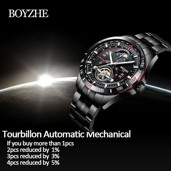 

boyzhe men automatic mechanical fashion brand sport watches tourbillon moon phase stainless steel watch relogio masculino y200414, Slivery;brown