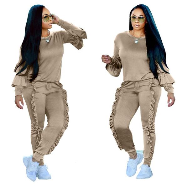 

autumn fall two piece ruffles hoodies pants set women long petal sleeves winter with long trousers street fashion tracksuits, White