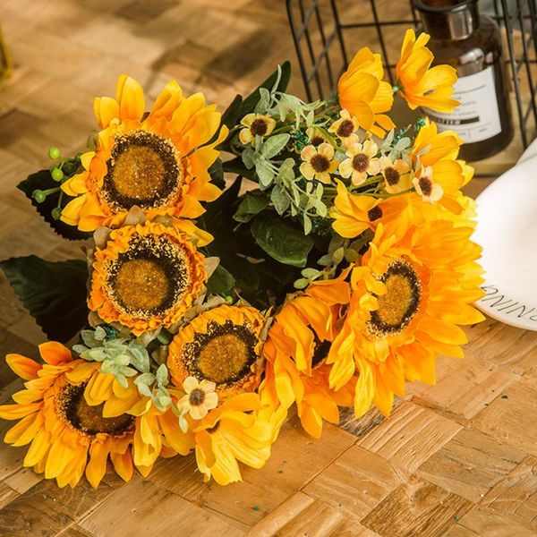 

big head retro sunflower simulation flower bouquet floral garden home decor silk cloth fake flower living room table decor