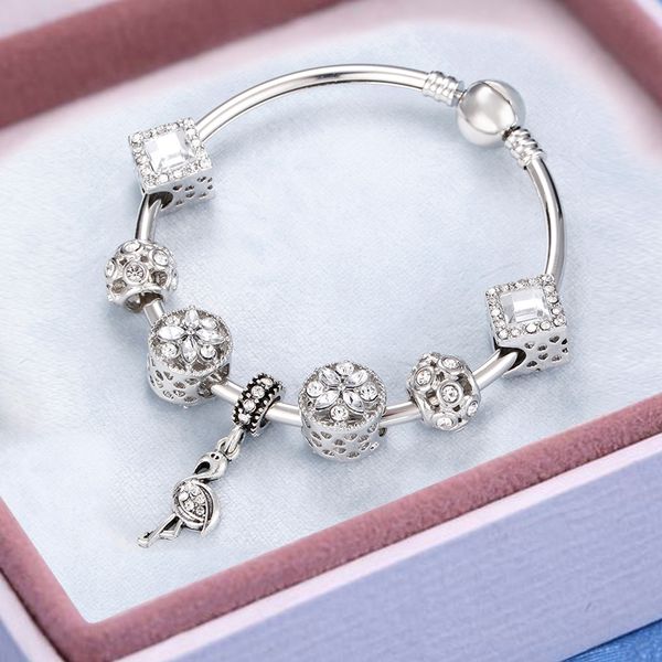 

original silver women bracelets with glass crystal-ab flower beads flamingo snowflake heart pendants diy female bangles jewelry, Black