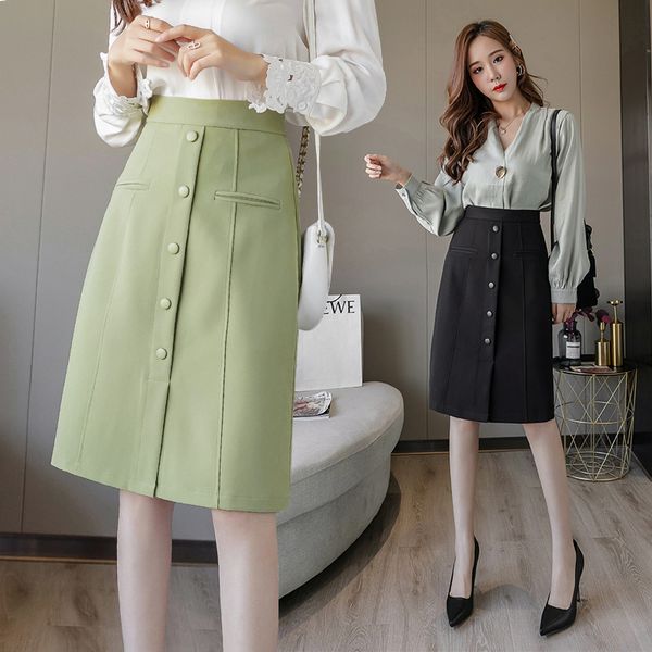 

spring summer 2020 sheath wrap midi skirts single breasted elegant high waist work wear pencil skirts black green skirt