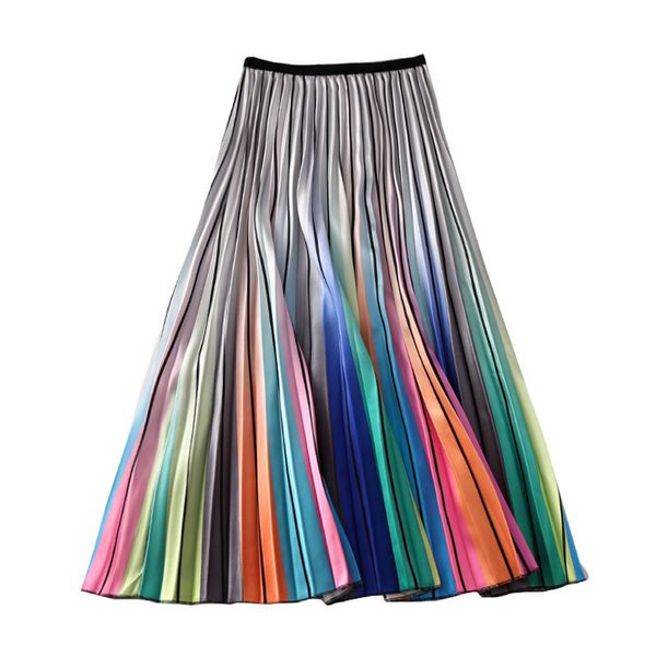 

women's rainbow skirts striped laser print european summer printing high waist a-line big swing pleated midi skirts female sp528, Black