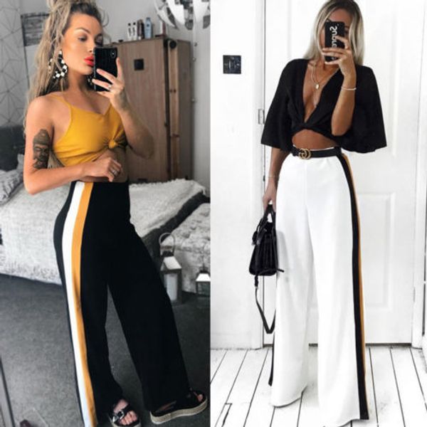 

2018 new fashion women casual high waist bandage loose striped wide leg long pants trousers xmas gift, Black;white