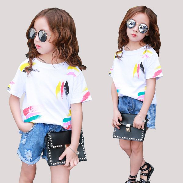 

girls tees short sleeve graffiti t-shirts for girls clothing children 2 3 4 5 6 7 8 10 11 12 years summer 2018 kids clothes, Blue