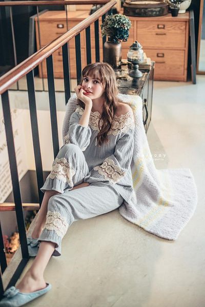 

court vintage lace homewear suit slash neck cotton pajamas sets women sleepwear, Blue;gray