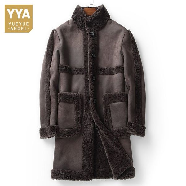 

mens winter jacket reversible luxury wool shearling long coats brand stand collar business natural fur coat male plus size 5xl, Black