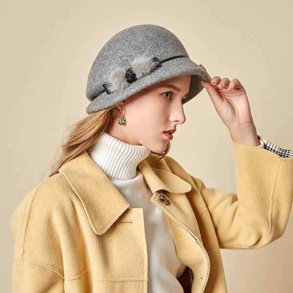 

2020 woolen cloth basin bucket bucket felt fisherman all-match dome ladies british belt felt hat fisherman hat, Blue;gray
