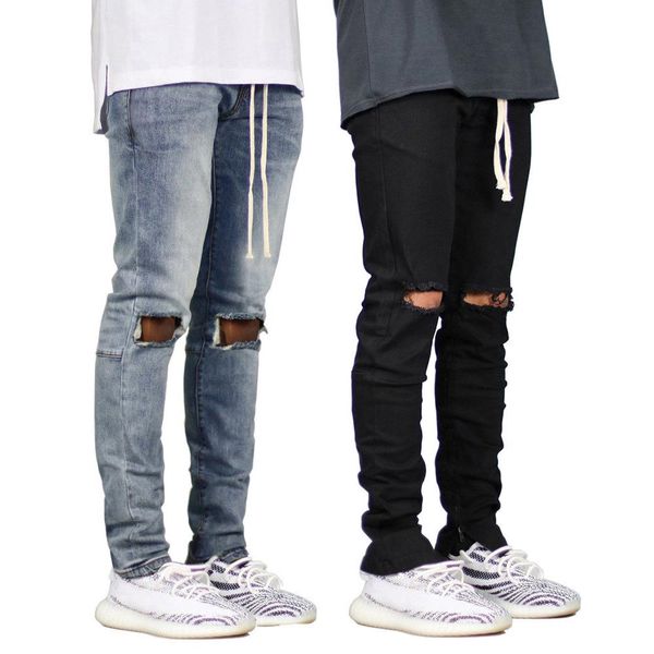 

mens biker jeans fashion black blue holes designer skinny hiphop slim fit jean pants