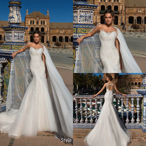 

2019 gorgeous mermaid beaded wedding dresses with cape sheer sweetheart bohemian wedding dress appliqued plus size bridal vestidos de novia, White