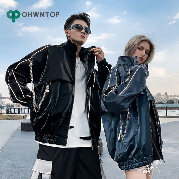 

punk rock reflective pu biker jacket men casual zipper motorcycle leather jacket coats nightclub dj clothing hip hop streetwear, Black