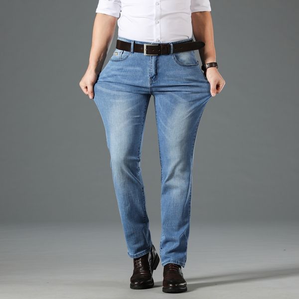 

men's jeans trousers business smart casual plus size fashion cotton summer autumn denim straight pants zipper jeans clothing, Blue