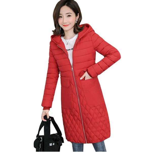 

2019 new winter hooded women jacket coat slim down cotton warm coat casual zipper pocket down jackets female winter long parkas, Black