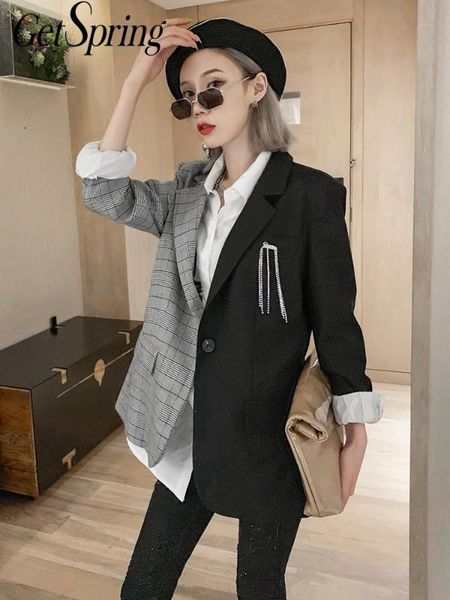 

getspring women blazer color matching irregular plaid women blazers jackets all match vintage casual womens blazers long sleeve, White;black