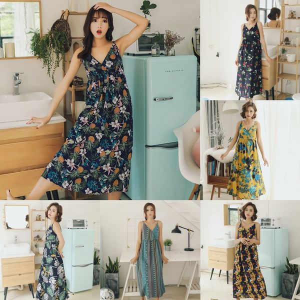 

wlytp women's casual comfortable sling pajamas cotton and linen pajamas beach wind nightdress long sling cotton and linen holiday home, Blue;red