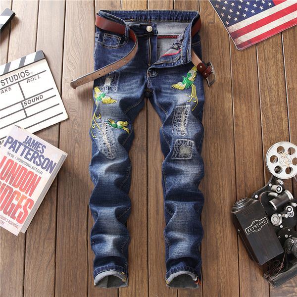 

2019fashion male biker jeans hole denim pencil pants mens high street floral embroidery skinny trousers motorcycle jeans, Blue