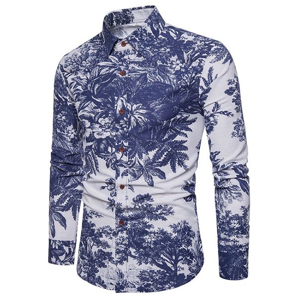 

2019 long sleeve floral men shirt cotton slim turn-down dress multicolor camisas hombre large size -5xl, White;black